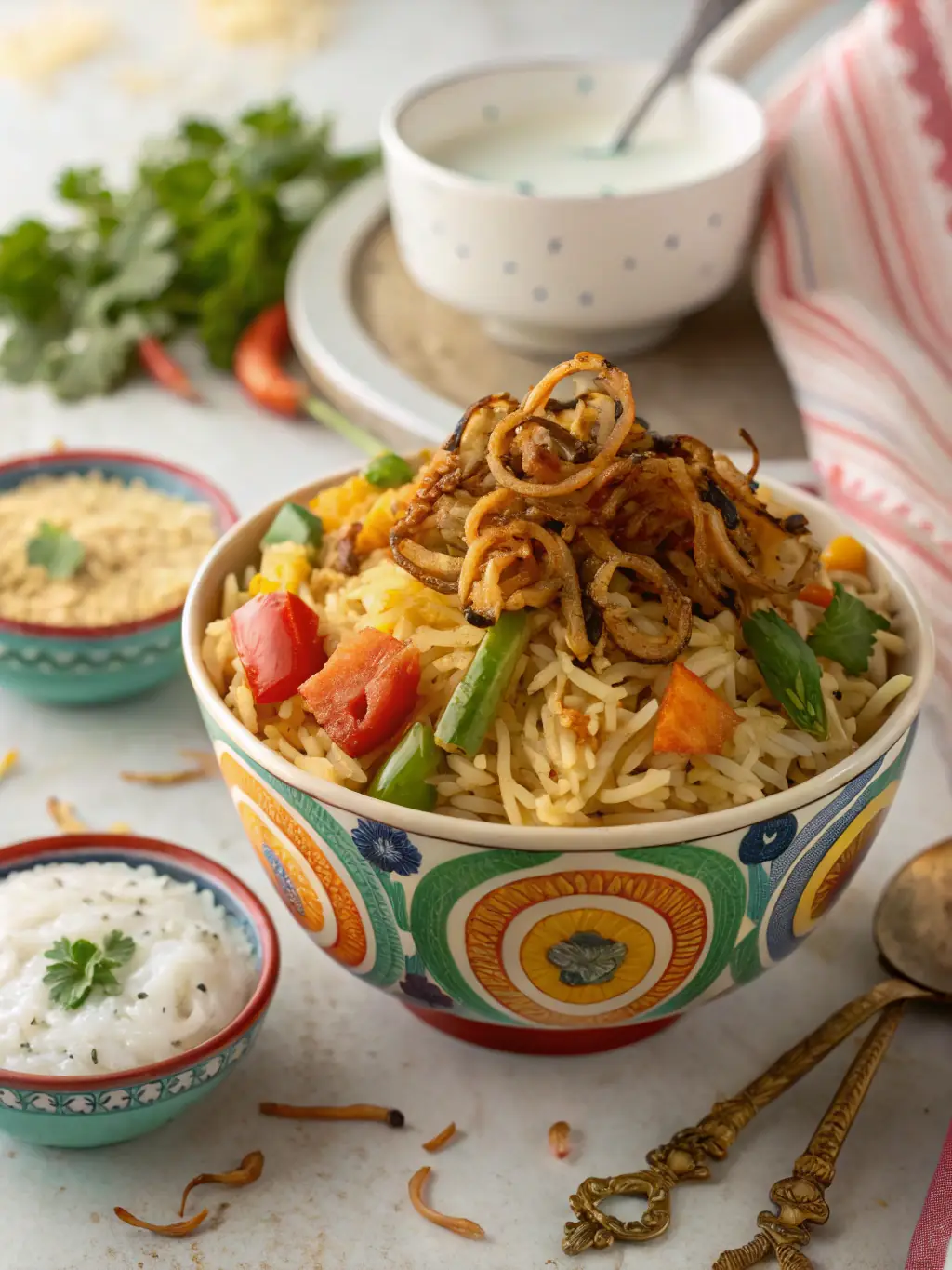 A tempting image of a plate of Vegetable Biryani, featuring fragrant basmati rice cooked with mixed vegetables, herbs, and spices, garnished with fried onions and mint leaves.