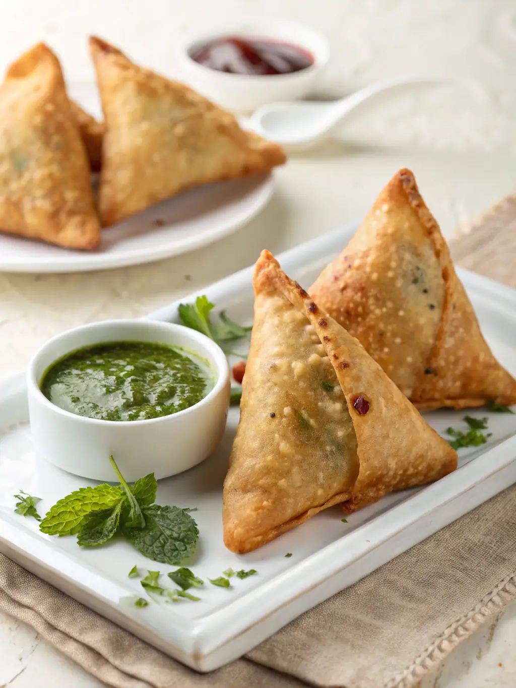 A colorful image of Desi Bites' Vegetable Samosas, highlighting the crispy golden-brown crust and the flavorful vegetable filling, served with a side of tangy tamarind chutney.