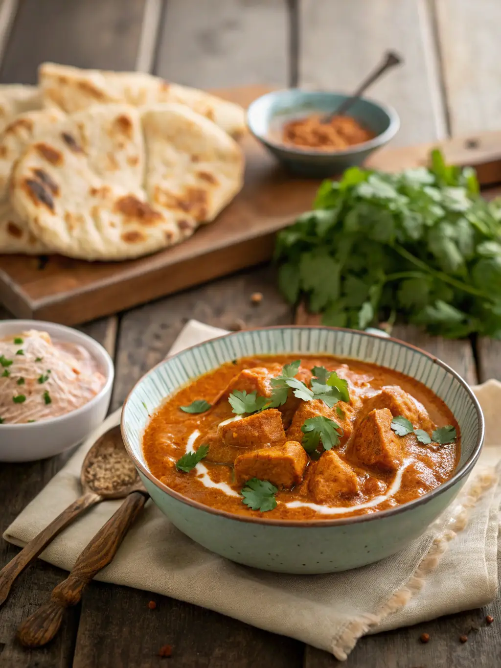 A vibrant, close-up shot of Desi Bites' Chicken Tikka Masala, showcasing the rich, creamy sauce and tender chicken pieces, garnished with fresh cilantro and served with a side of naan bread.