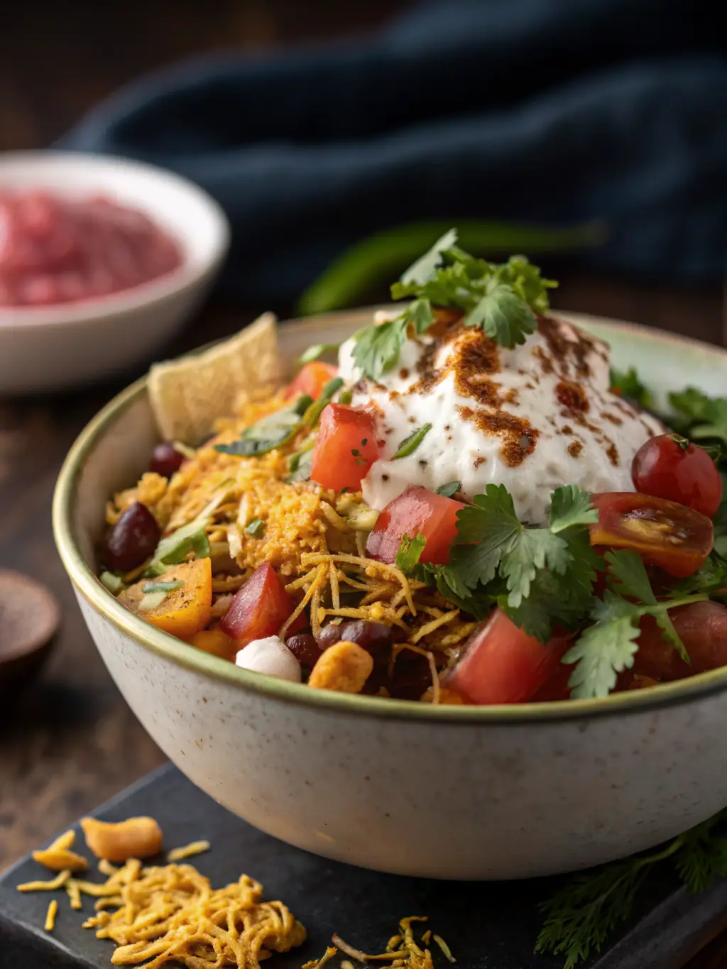 A vibrant image of a plate of Samosa Chaat, featuring crispy samosas topped with yogurt, chutneys, and spices, garnished with chopped onions and cilantro.