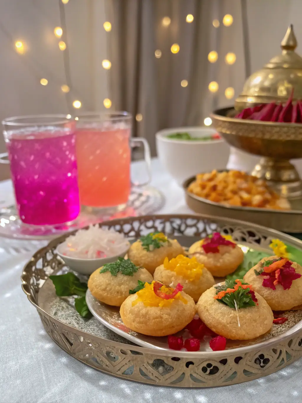 A close-up shot of a plate of Pani Puri, showcasing the crispy puri shells filled with spiced potatoes, chickpeas, and tangy tamarind water, garnished with fresh cilantro.