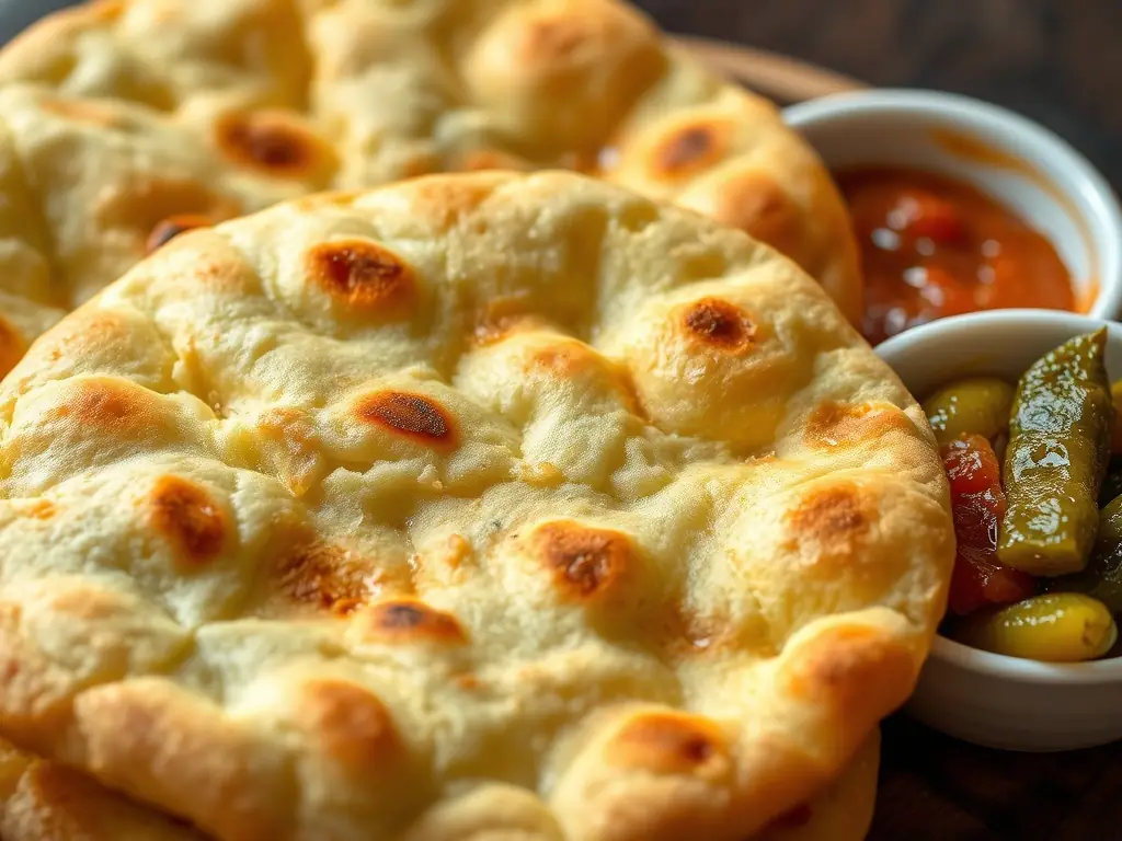 An enticing image of a freshly made naan bread, still warm from the tandoor oven, with visible char marks and a soft, fluffy texture.