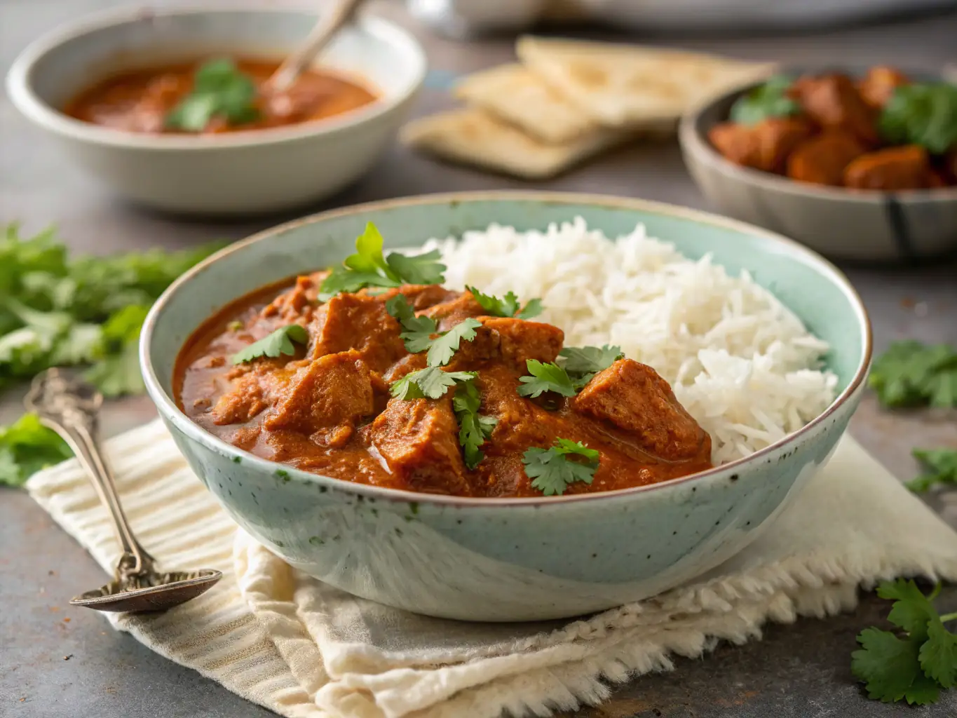 A close-up shot of a steaming plate of Chicken Tikka Masala, highlighting the rich, creamy sauce and tender chicken pieces.
