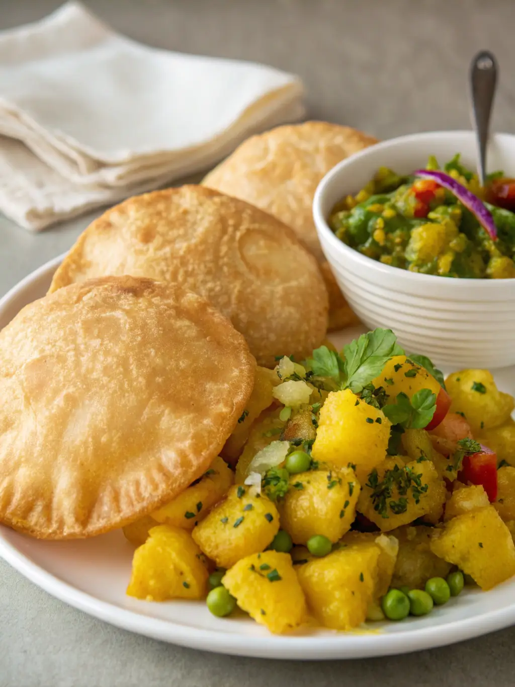 A tempting image of Desi Bites' Pani Puri, highlighting the crispy puri shells filled with spiced potatoes, chickpeas, and tangy tamarind water, garnished with fresh coriander.